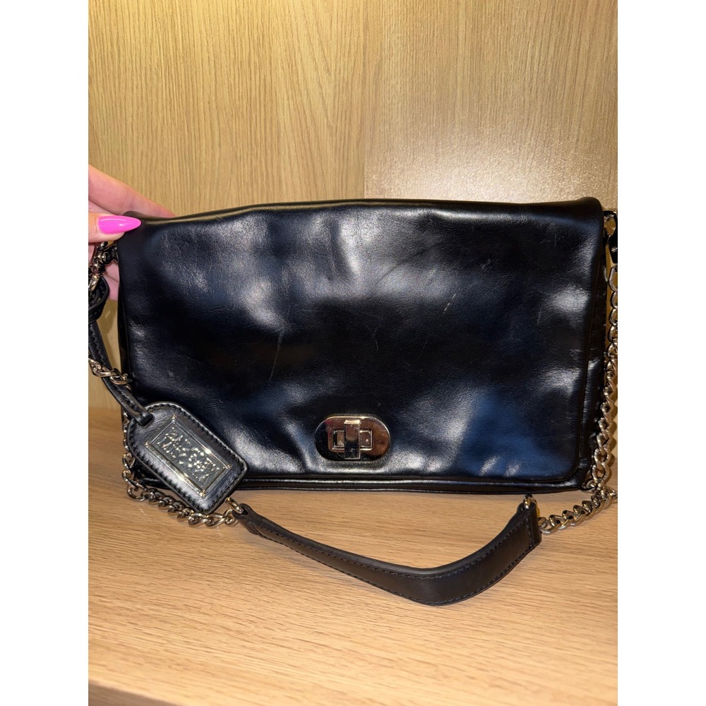 Badgley Mischka Black Leather Crossbody Bag Turn Lock Chain Strap Handbag